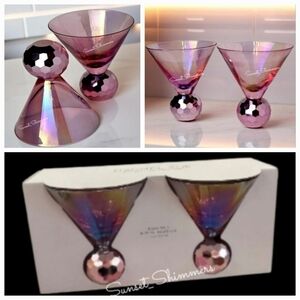 2pc Rachel Zoe Pink Disco Ball Martini Iridescent Rainbow Cocktail Glass Set NEW